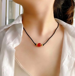 网红同款黄珠红玛瑙项链，女中国风相思红豆送礼抽拉手链锁骨链气质