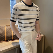 夏季短袖黑白条纹男圆领针织衫，韩版清新修身休闲百搭弹力冰丝t恤