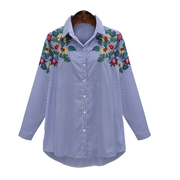 欧洲站2019秋季polo领单排扣花朵绣花显瘦竖条纹衬衫衬衣上衣