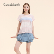 casablank卡莎布兰卡夏韩版时尚拼色宽松花纹，短袖毛衣针织衫