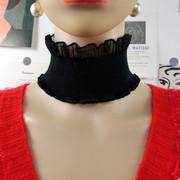 韩版保暖假领子女百搭黑色，针织花边套头，围脖立领珍珠扣装饰领