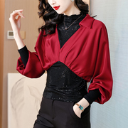蝙蝠袖红色衬衫女设计感2024春季高级感撞色宽松遮肚显瘦衬衣