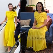 高级定制凯特王妃同款短袖不对称设计黄色连衣裙，女修身大摆裙夏ol