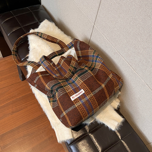 帆布包秋冬大容量高品质设计师，包女复古格子，通勤大包单肩包托特包