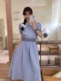 韩国chic夏季温柔减龄娃娃领百搭短袖衬衫，+木耳边高腰半身裙套装