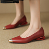 女鞋2024春秋季通勤尖头粗跟浅口红色真皮，鞋子异型跟女士单鞋