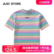 JUZI STORE童装夏季纯棉细腻粗针彩虹条纹短袖连衣裙女童1126508