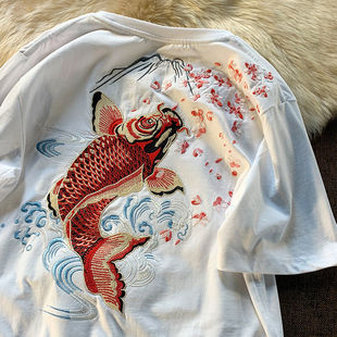 2022夏季国潮中国风刺绣鲤鱼，短袖t恤宽松民族，风半袖男女半袖上衣