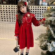女童拜年服冬季加厚连衣裙年服裙套装加绒连衣裙子红色旗袍裙