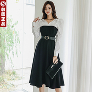 韩国春秋冬款时尚气质，法式高端连衣裙黑白，拼收腰a型裙女