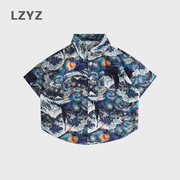 lzyz童装儿童衬衫男童短袖，衬衣中小童洋气，宽松纯棉碎花薄款夏装潮