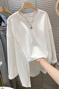 外贸大牌女装撤柜设计感开叉纯棉白色，长袖t恤女中长款打底衫