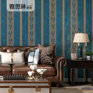 3d立体欧式竖条纹，墙纸无纺布复古美式卧室客厅背景墙壁纸蓝色绿色