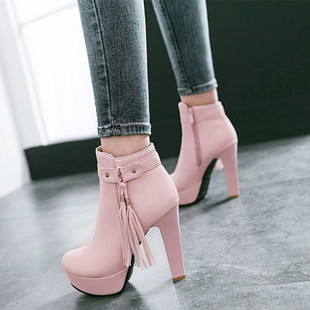粉色高跟鞋甜美流苏粗跟短靴粉色，女靴子超高跟短靴子大码40-43
