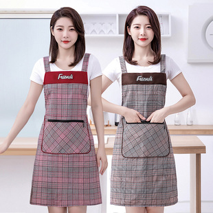 时尚网红棉布围裙家用厨房做饭工作服女洋气格子透气背带围腰