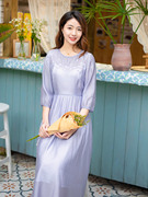 紫色长袖文艺连衣裙原创设计感小众，女装2024春季刺绣中长裙子