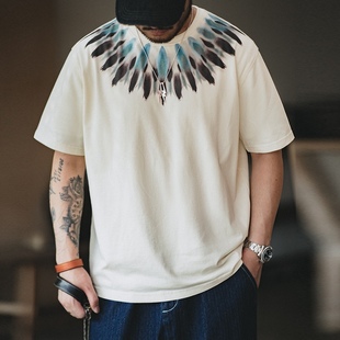 马登工装美式复古印第安羽毛印花短袖T恤做旧宽松民族风圆领t恤男
