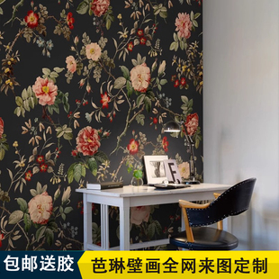 北欧风现代简约复古玫瑰花园墙纸轻奢墙布餐厅客厅卧室背景墙壁纸
