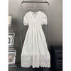 BBLY欧洲站小众高级感法式镂空刺绣长款仙女裙v领白色蕾丝连衣裙