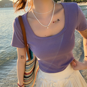 方领短袖t恤女2024紫色，半袖体恤修身夏季大领口正肩短款上衣