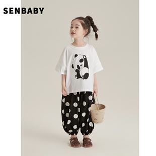 senbaby童装定制儿童腔调套装，女童可爱熊猫短袖t恤+大波点防蚊裤