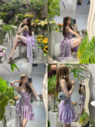 紫色不规则荷叶边裙摆设计感吊带连衣裙，女夏季修身气质裙子潮