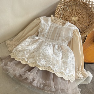 女童娃娃衫蕾丝2024春韩版洋气，儿童宫廷公主风白色罩衫衬衫