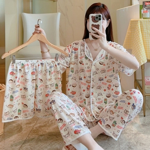 女士夏季短袖睡衣三件套韩版甜美可爱卡通家居服LS