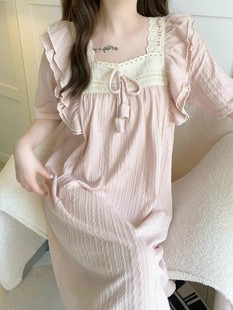 粉色睡裙少女公主风夏季中长款睡衣裙短袖纯棉简约甜美蕾丝家居服