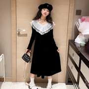 女童法式复古连衣裙小女孩时髦洋气，显瘦甜美长袖赫本风，丝绒公主裙