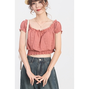 原单蕾丝刺绣一字领泡泡，袖短袖女红色，木耳边系带小衫短款上衣法式