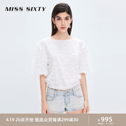 Miss Sixty2023夏季衬衫女白色圆领绣花短袖甜美减龄泡泡袖