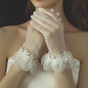 赫本风婚纱手套复古白色短款缎面，网纱花边新娘结婚礼服晚