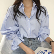 韩国chic春季小众气质翻领撞色条纹单排扣宽松百搭泡泡袖衬衫女