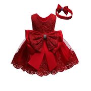 女童礼服裙蓬蓬公主裙，女孩周岁配头饰礼物红色，儿童女宝宝连衣裙夏