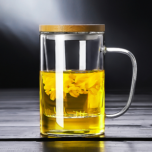 透明玻璃杯家用花茶杯耐热过滤带把手男女办公杯竹木盖茶水分离杯