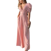 粉红色性感低胸v领修身高腰露背系带泡泡短袖，连体长裤女jumpsuit