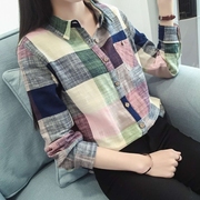 春季女装韩版批发复古学生，打底长袖衬衣，文艺清新格子棉麻衬衫