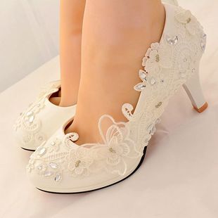 春夏大码女鞋新娘结婚鞋白色，蝴蝶蕾丝婚鞋伴娘，鞋宴会礼服鞋女