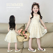女童蕾丝连衣裙套装夏装韩系甜美叠穿儿童粉，吊带裙罩衫两件套