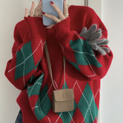 绿色菱格针织衫上衣宽松中长款红色圣诞节毛衣，新年外套女秋冬韩版