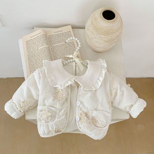 甜美女宝宝秋冬季外套婴幼儿童，棉袄加厚长袖，立体花朵v领开衫棉衣