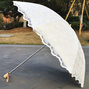 女神复古蕾丝刺绣花太阳伞米白色黑胶二折防紫外线防晒晴雨伞洋伞