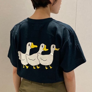 日本潮牌春夏卡通鸭子印花圆领字母无缝一体女士T恤衫短袖棉