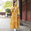 中式复古绣花盘扣黄色，连衣裙中国民族风，气质春秋针织旗袍长裙