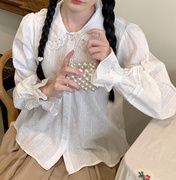 酱果自制日系甜美娃娃领法式蕾丝花边，纯棉提花喇叭袖白色长袖衬衫