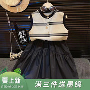 韩韩良品中大童时髦棉质，套装夏季2024条纹，无袖上衣短裙两件套