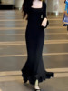 鱼尾长裙秋冬季女装2023黑色，赫本风气质，连衣裙子高级感包臀裙