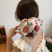 韩国进口雪纺纱法式玫瑰花顶夹甜美超仙蝴蝶结弹簧夹碎花大肠发圈