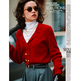 三所vintage 法式赫本风外套双排扣全羊毛红色针织开衫慵懒毛衣女